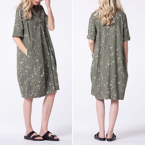 Oska Lagenlook Green Polka Dot Dress Split Collar Minimalist Pockets - Picture 13 of 13